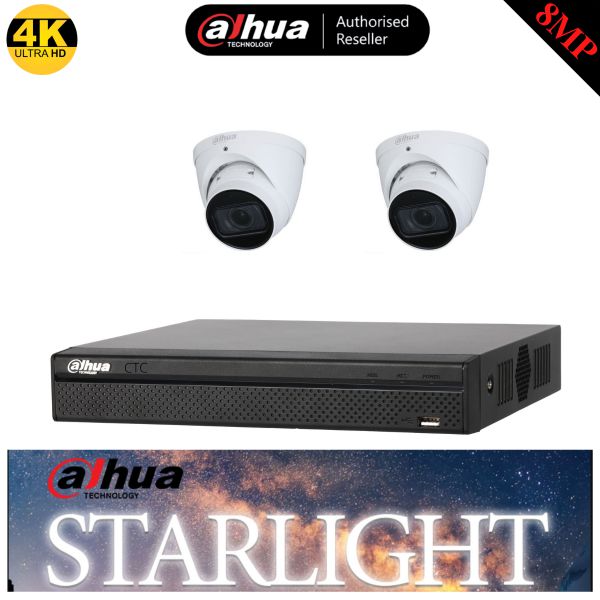 Dahua 4 Channel Starlight Security Kit, 4 CH Ultra HD NVR, 2 X 8MP Starlight HDW2831EMP Camera