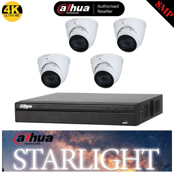 Dahua 4 Channel Starlight Security Kit,  4 CH Ultra HD NVR, 4 X 8MP Starlight HDW2831EMP Camera