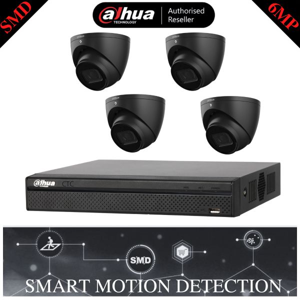 Dahua 4 Channel SMD Black Security Kit,  4 CH Ultra HD NVR, 4 X 6MP WizSense HDW3641EMP Black Camera