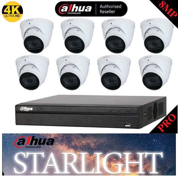 Dahua 8 Channel Starlight Security Kit, 8 CH Ultra HD Pro NVR, 8X 8MP Starlight HDW2831EMP Camera