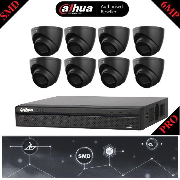 Dahua Wizsense 8 Channel SMD Security Kit, 8 CH Ultra HD Pro NVR, 8X 6MP SMD Black Camera
