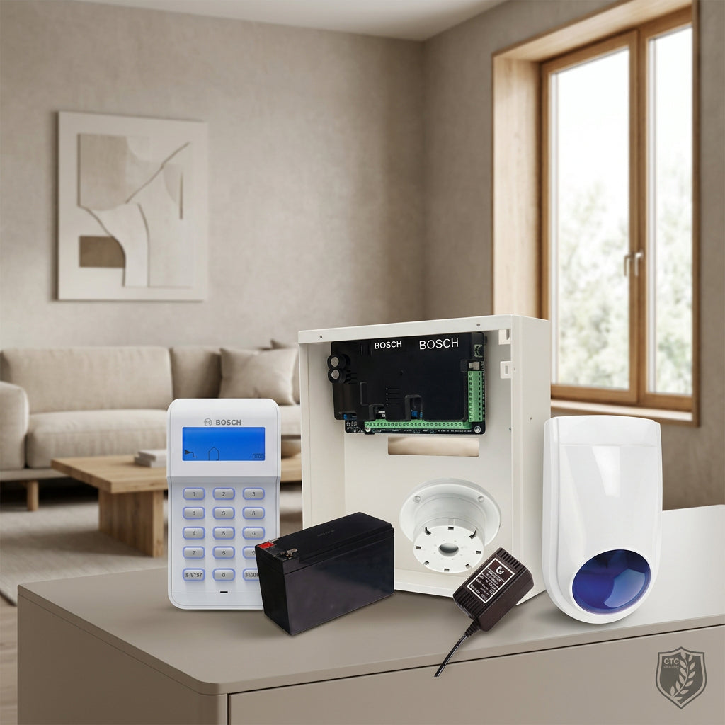 Bosch CTC Security alarm system kit including a white keypad, open control panel housing with circuit board, white door/window contact sensor, black battery, and black power adapter on a white background.