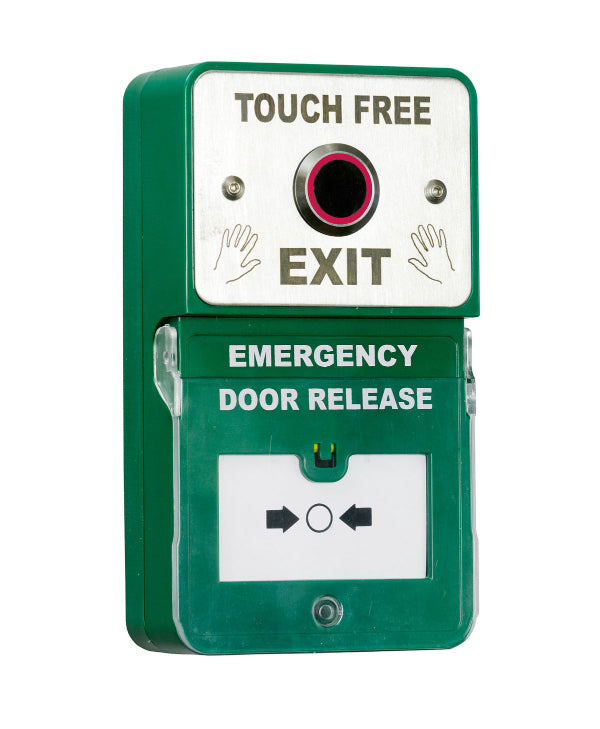 Smart Resettable Emergency Door Release & Touch Free Exit – Break Glass (BGA) with Touch Free Button, Green, 1x DPDT Output