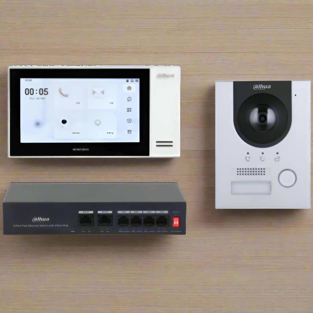 Dahua video intercom system with monitor, doorbell, and router on a white background