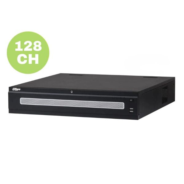 Black security system DVR with 128 CH label on a white background
