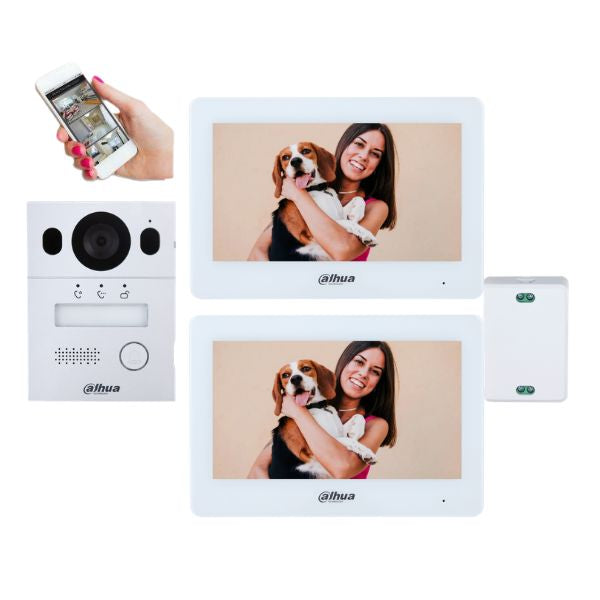 Digital doorbell system with two display panels showing a woman holding a dog, and a hand holding a smartphone.
