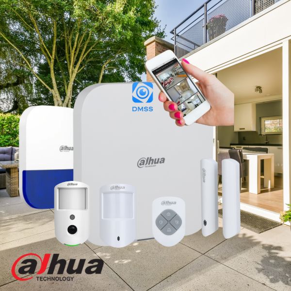 dahua security system with smartphone app on a patio