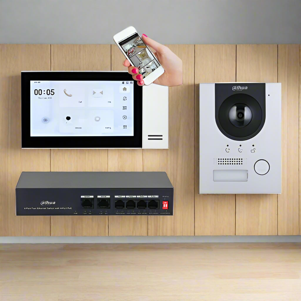 Dahua video intercom system with monitor, camera, and router on a white background