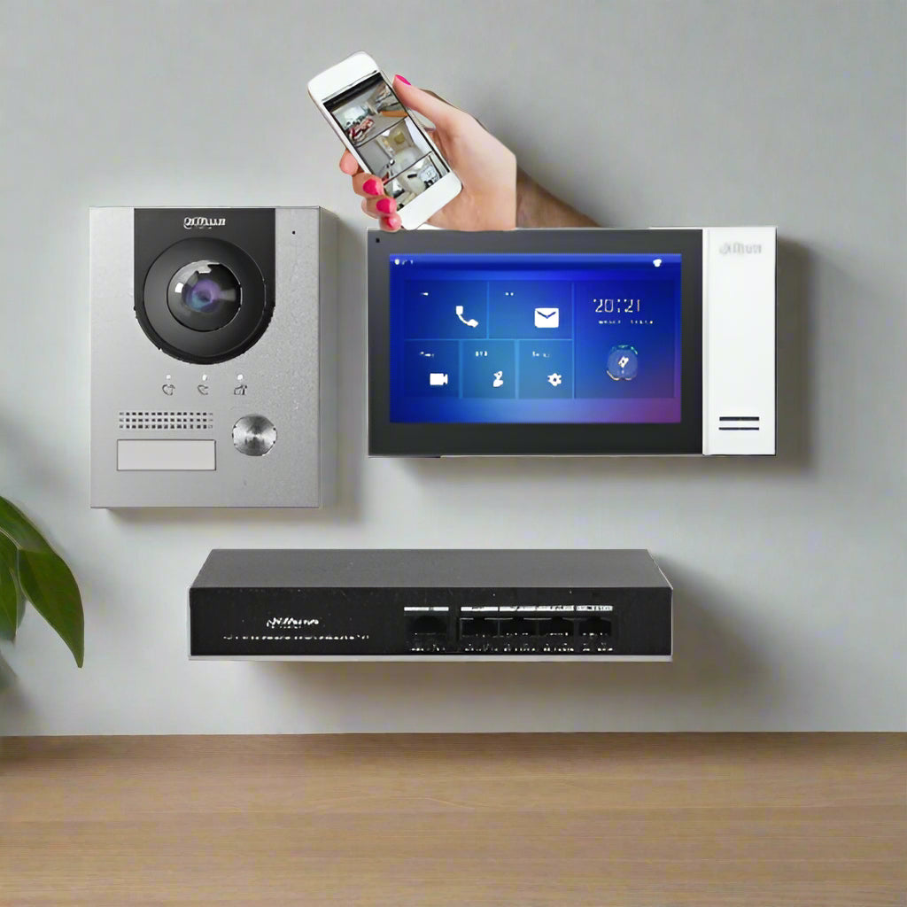 Video intercom system with camera, monitor, and smartphone app on a white background