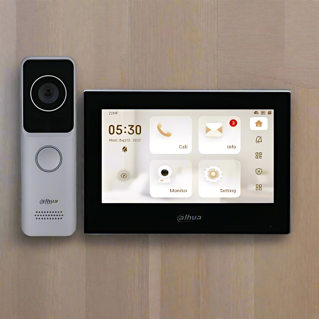 Dahua video doorbell and touchscreen monitor on a white background