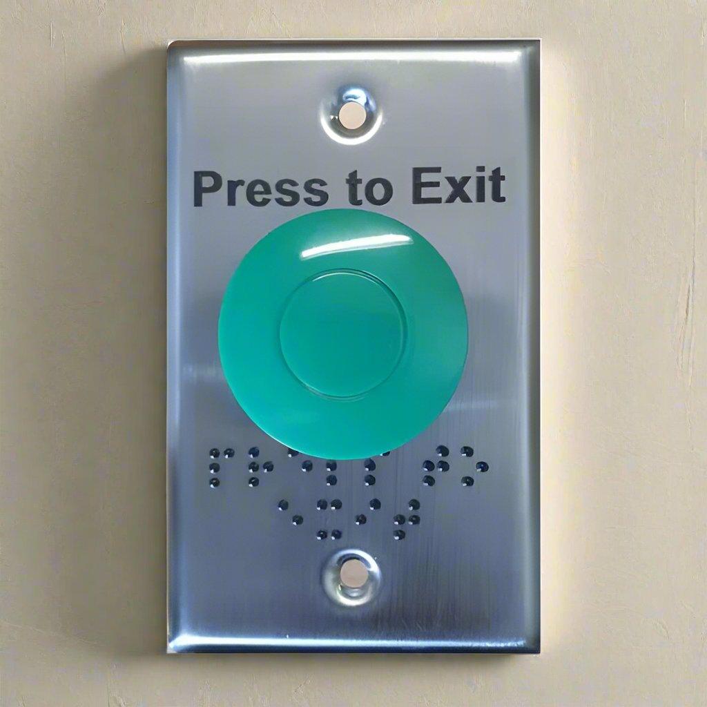 Green Press to Exit Momentary Mushroom Button, Brail Writing, IP65 S/S Plate, IP65, WEL2220BRAILLE