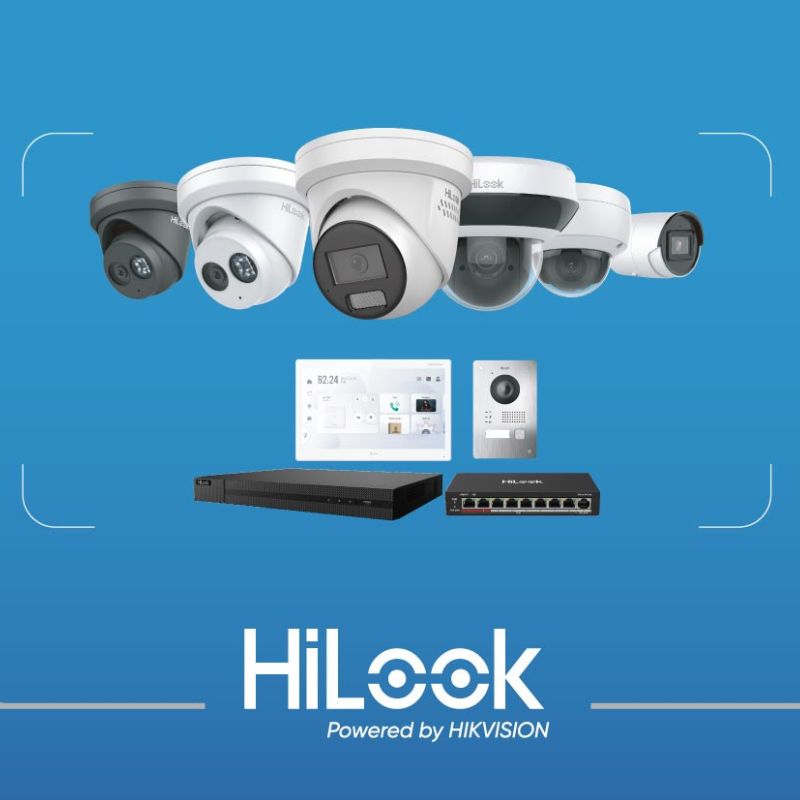 HiLook security camera system with multiple cameras and a central device on a blue background.