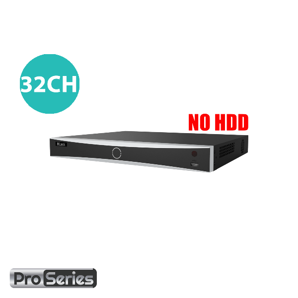Black DVR with '32CH' in green circle and 'NO HDD' in red text on a white background, featuring ProSeries logo.