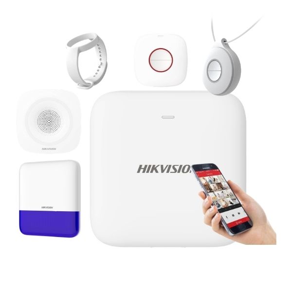 Hikvision security system with smartphone app on a white background