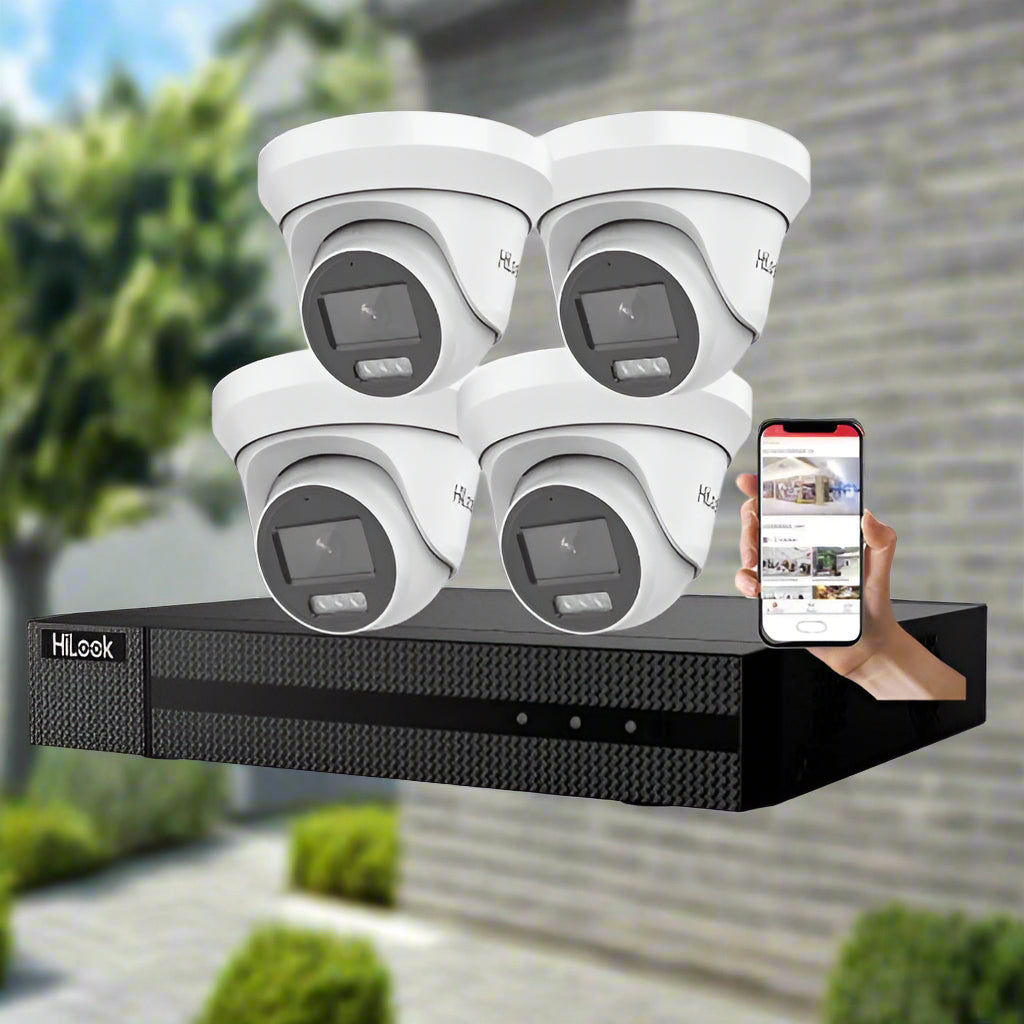HiLook security camera system with four cameras and a smartphone displaying the app on a white background.