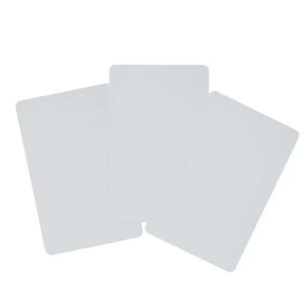 Three white rectangular cards on a white background