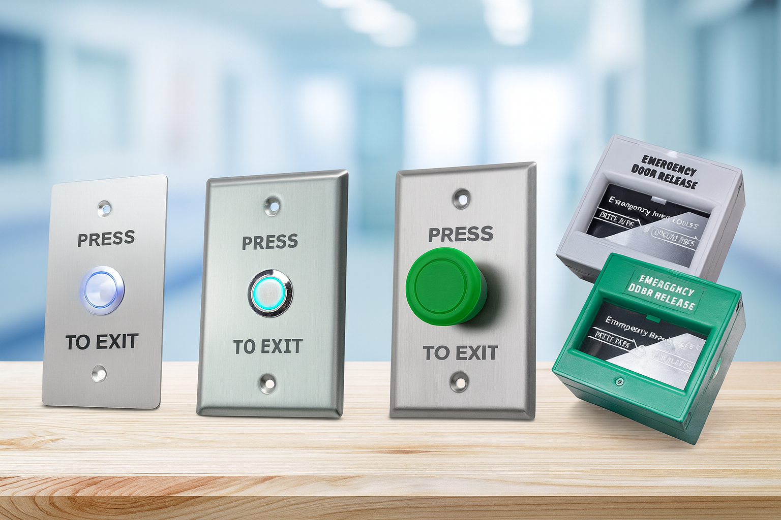 Set of exit buttons and an emergency door release device on a wooden surface with a blurred background.