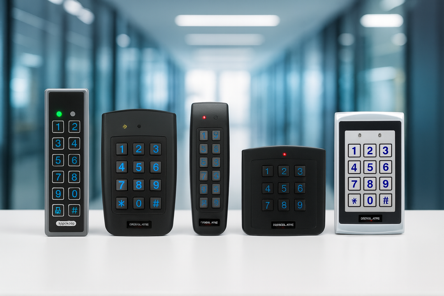 Five access control keypad devices on a white surface with a blurred office hallway background.