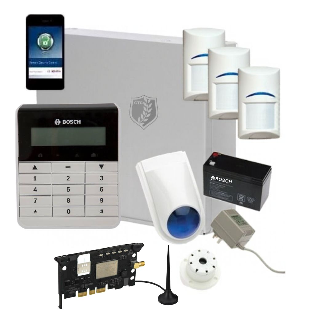 Bosch security system kit including a white control panel, smartphone app display, three white motion detectors, a white outdoor sensor, a black battery, a small gray adapter, a black antenna card, and a white dome camera on a white background.
