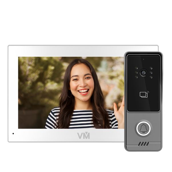 Video doorbell with screen displaying a person and VM logo on a white background