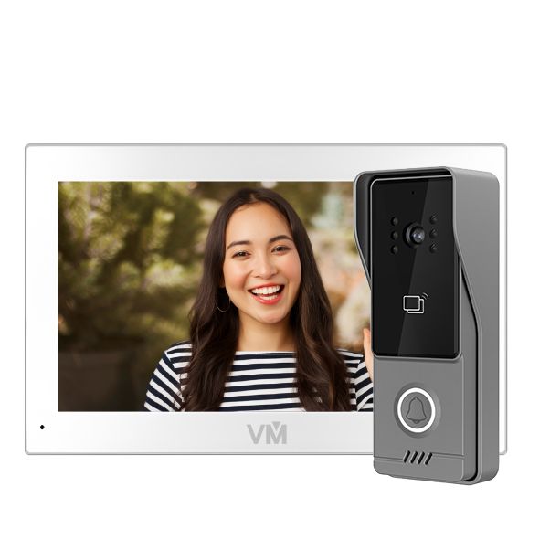 Video doorbell with screen displaying a person's face, brand 'VM' visible