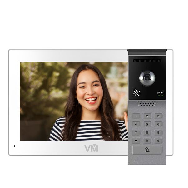 Video doorbell system with a screen displaying a person and control panel on a white background.