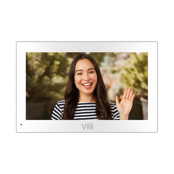 Digital photo frame displaying a woman waving with 'VM' branding.