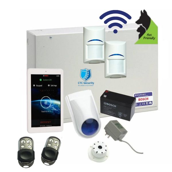 Bosch Solution 3000 Alarm System with 2 x Wireless Detectors + 7" Touch Screen Code pad Stainless Steel Remotes