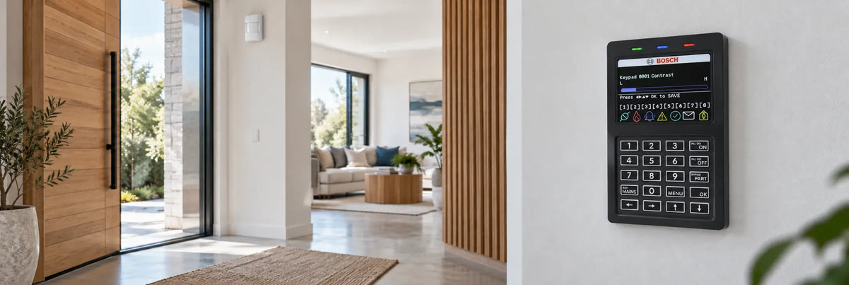 Bosch Solution 6000-style alarm keypad installed in a modern Australian home
