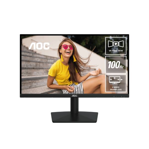 AOC monitor displaying a woman in a yellow shirt and pink sunglasses, with product features on the screen.