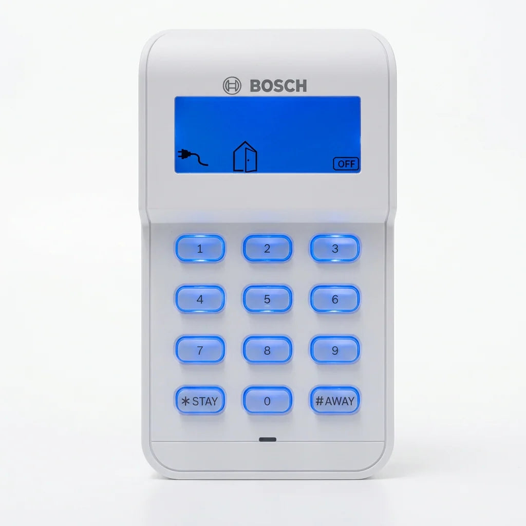 A white Bosch keypad device with a blue backlit display screen and twelve numeric buttons, shown on a plain white background.