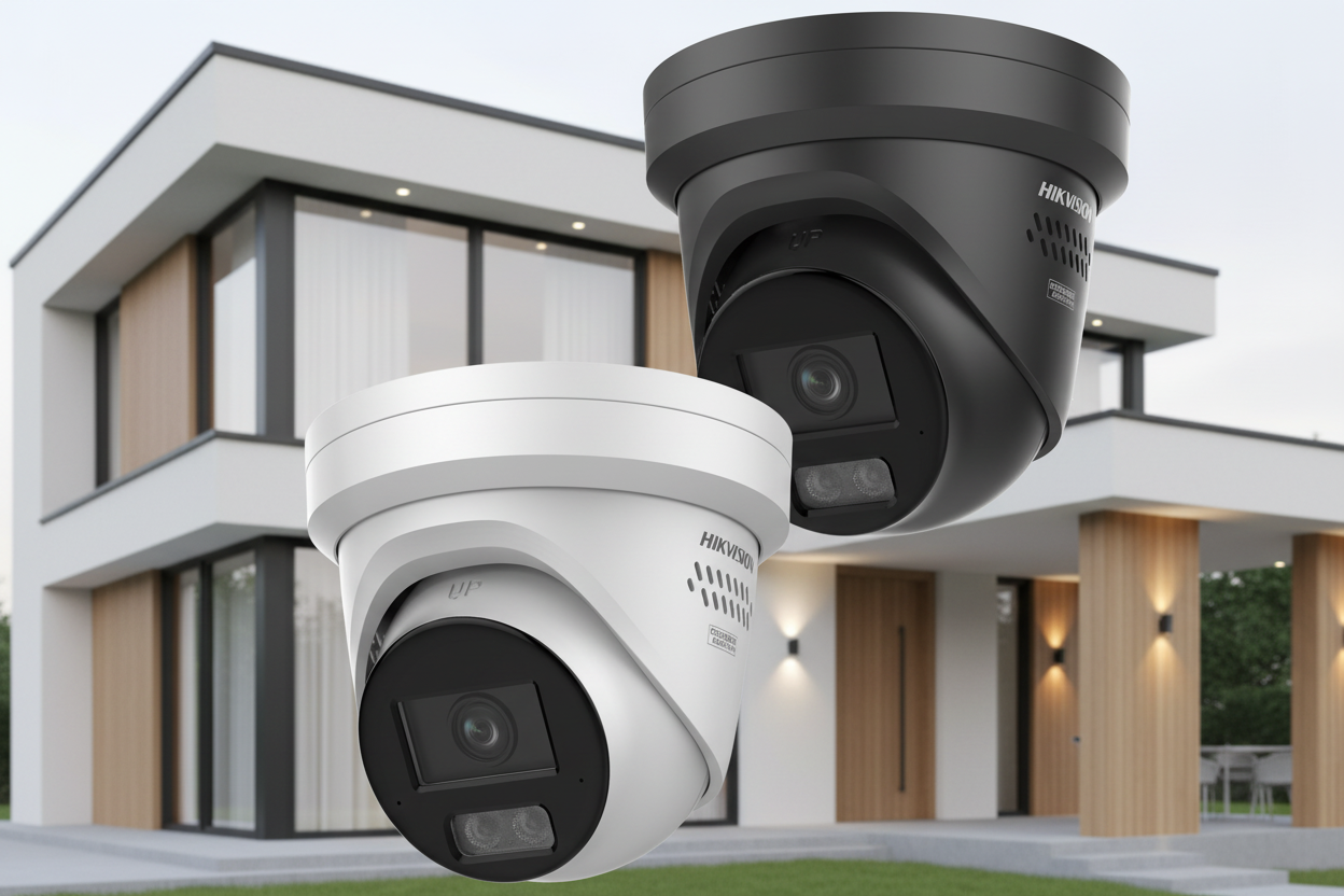 Two Hikvision security cameras, one black and one white, on a white background.