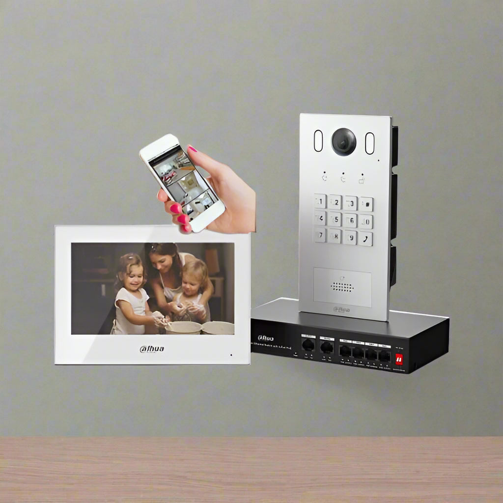 Digital photo frame, video doorbell, and router on a white background
