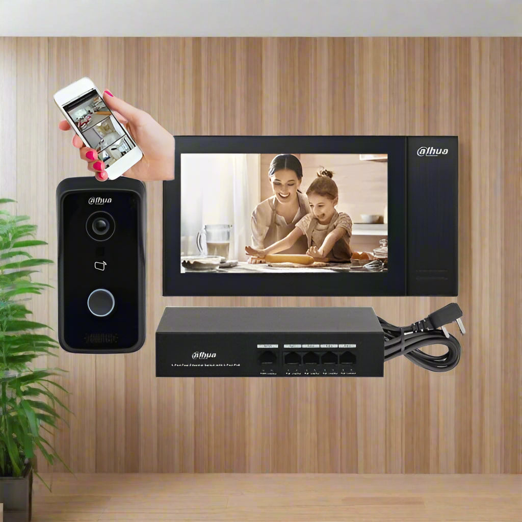 Dahua video doorbell system with monitor, camera, and power adapter on a white background
