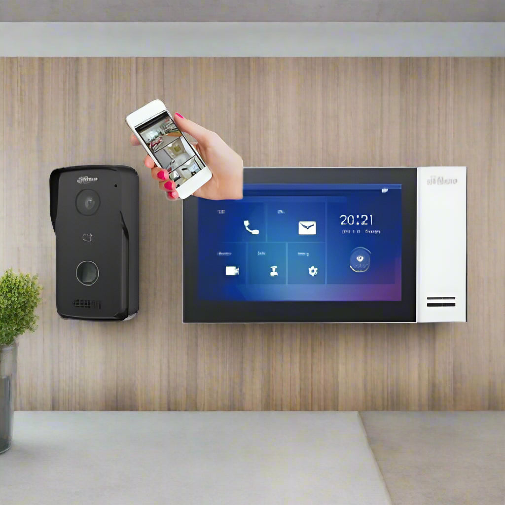 Smart doorbell system with a touch screen panel and smartphone app on a white background