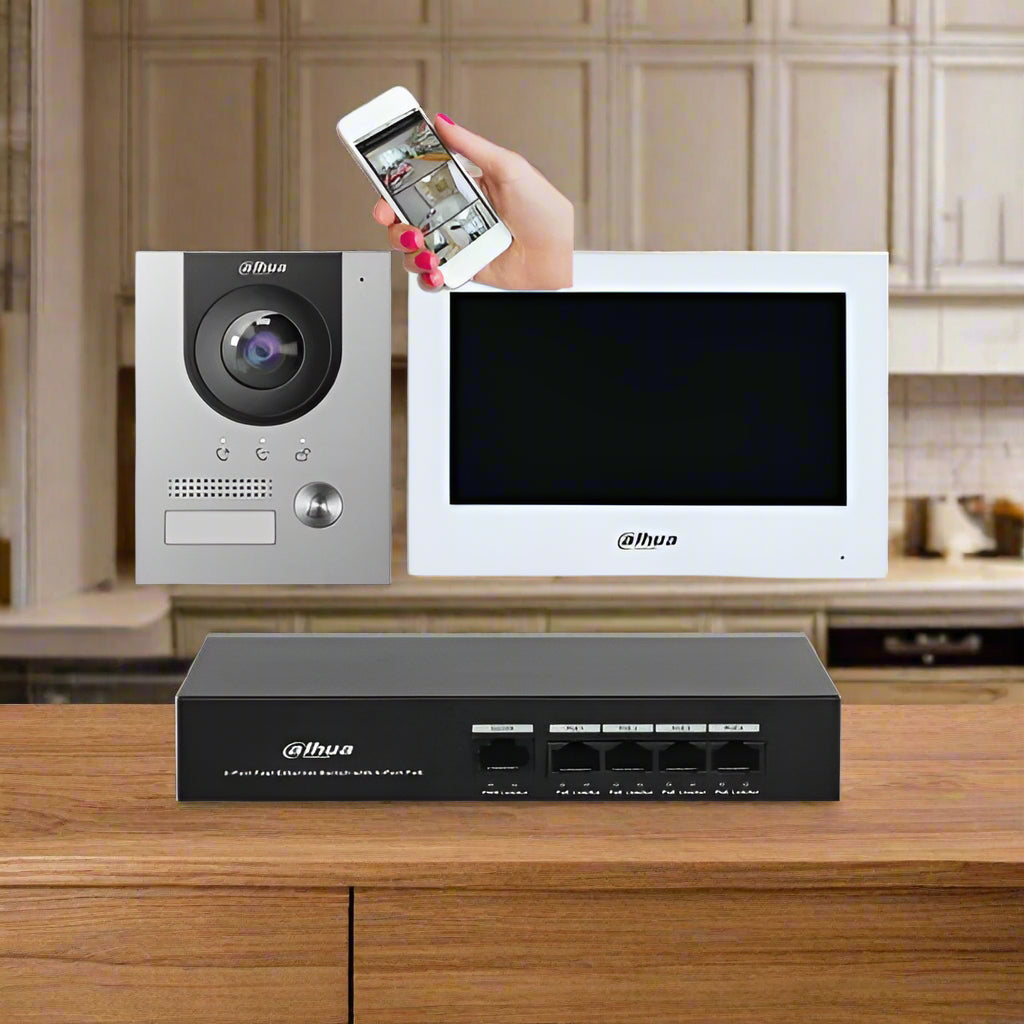 Dahua video intercom system with monitor, camera, and router on a white background