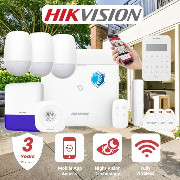 Hikvision security system with home exterior, smartphone, and product display.