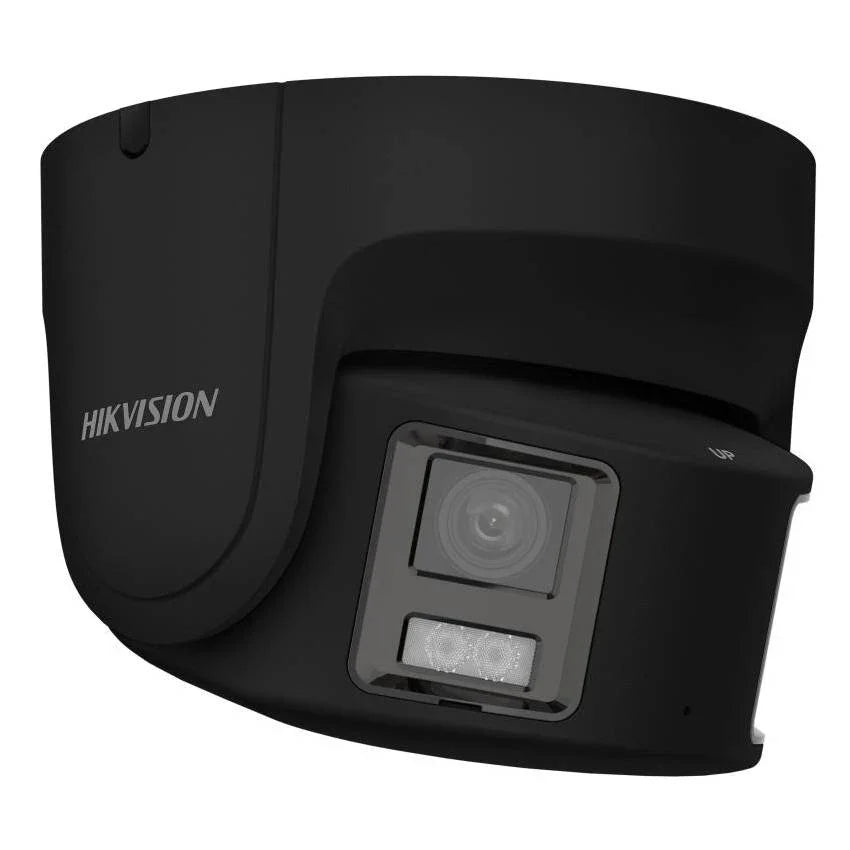 Black Hikvision security camera on a white background