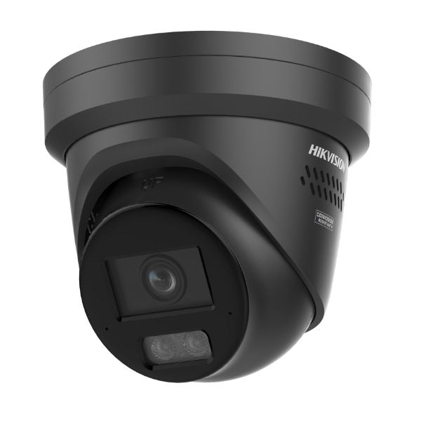 Black Hikvision security camera on a white background