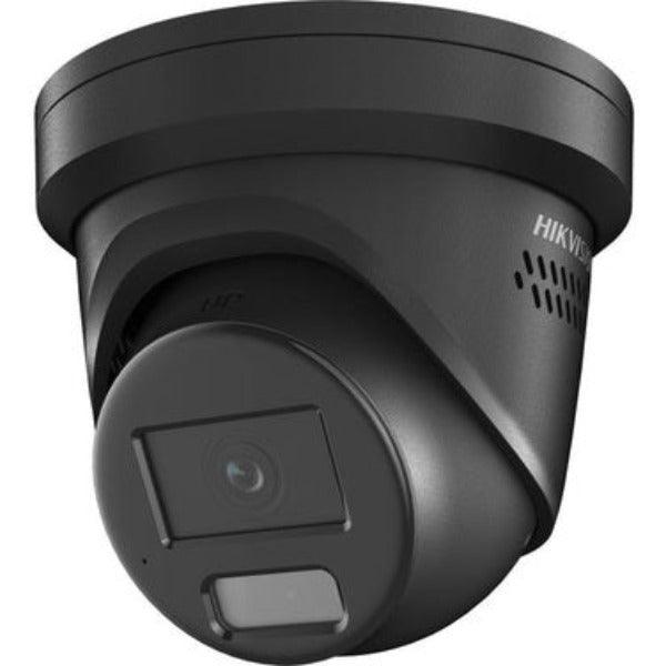 Black Hikvision security camera on a white background