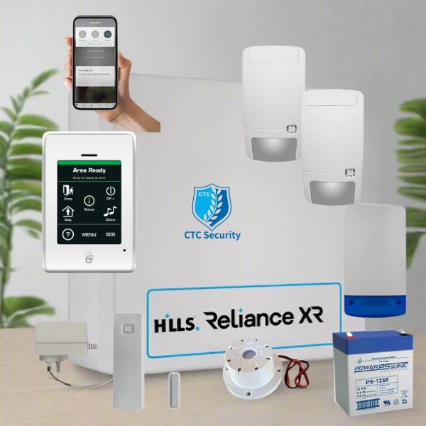 CTC Security Hills Reliance XR security system components on a table with a phone displaying app interface.