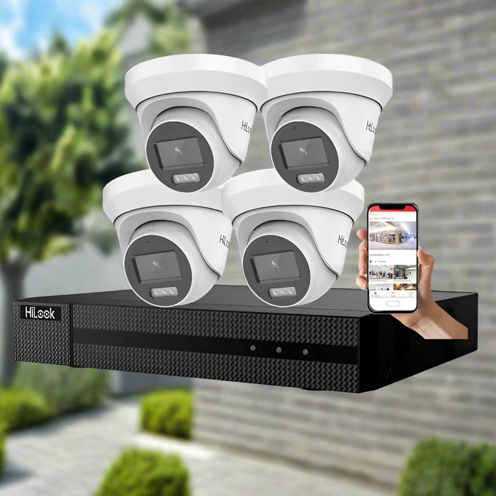 HiLook security camera system with four cameras and a smartphone displaying the app on a white background.