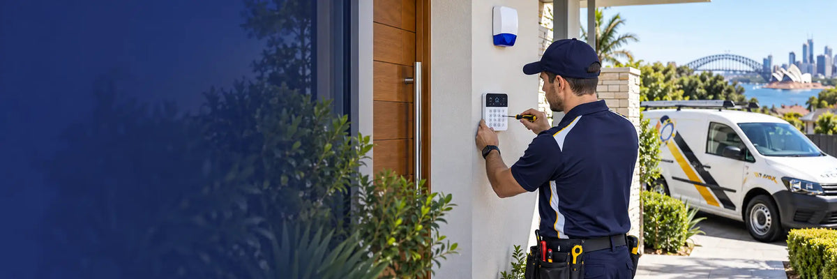 A security technician in a navy uniform installs or adjusts a white electronic device on a beige wall next to a wooden door. The scene is set in front of a modern house with a white security van parked in the background, and a blue-toned overlay on the left side.