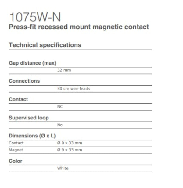 Sentrol Reed Switch Recessed, NC, 1075W-N