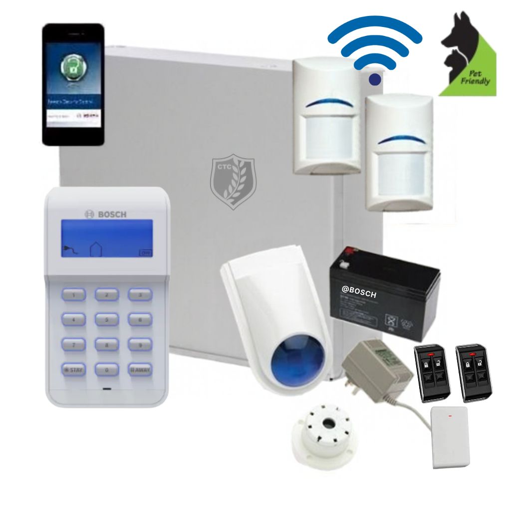 Bosch wireless security alarm system kit including a white control panel, main alarm box, two motion detectors, a dome camera, a battery, two key fobs, a wireless smartphone app screen, and a pet-friendly badge icon, all on a white background.
