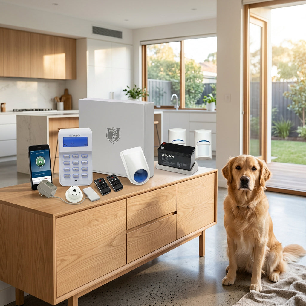 Bosch wireless security alarm system kit including a white control panel, main alarm box, two motion detectors, a dome camera, a battery, two key fobs, a wireless smartphone app screen, and a pet-friendly badge icon, all on a white background.