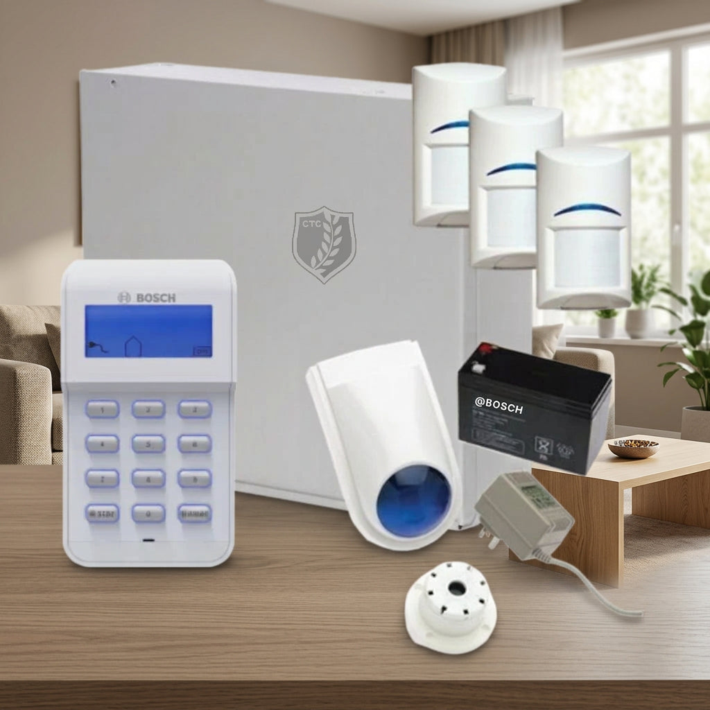 Bosch security alarm kit including a white control panel, main alarm box, three white motion detectors, a white dome camera, a black Bosch battery, and an adapter on a white background.