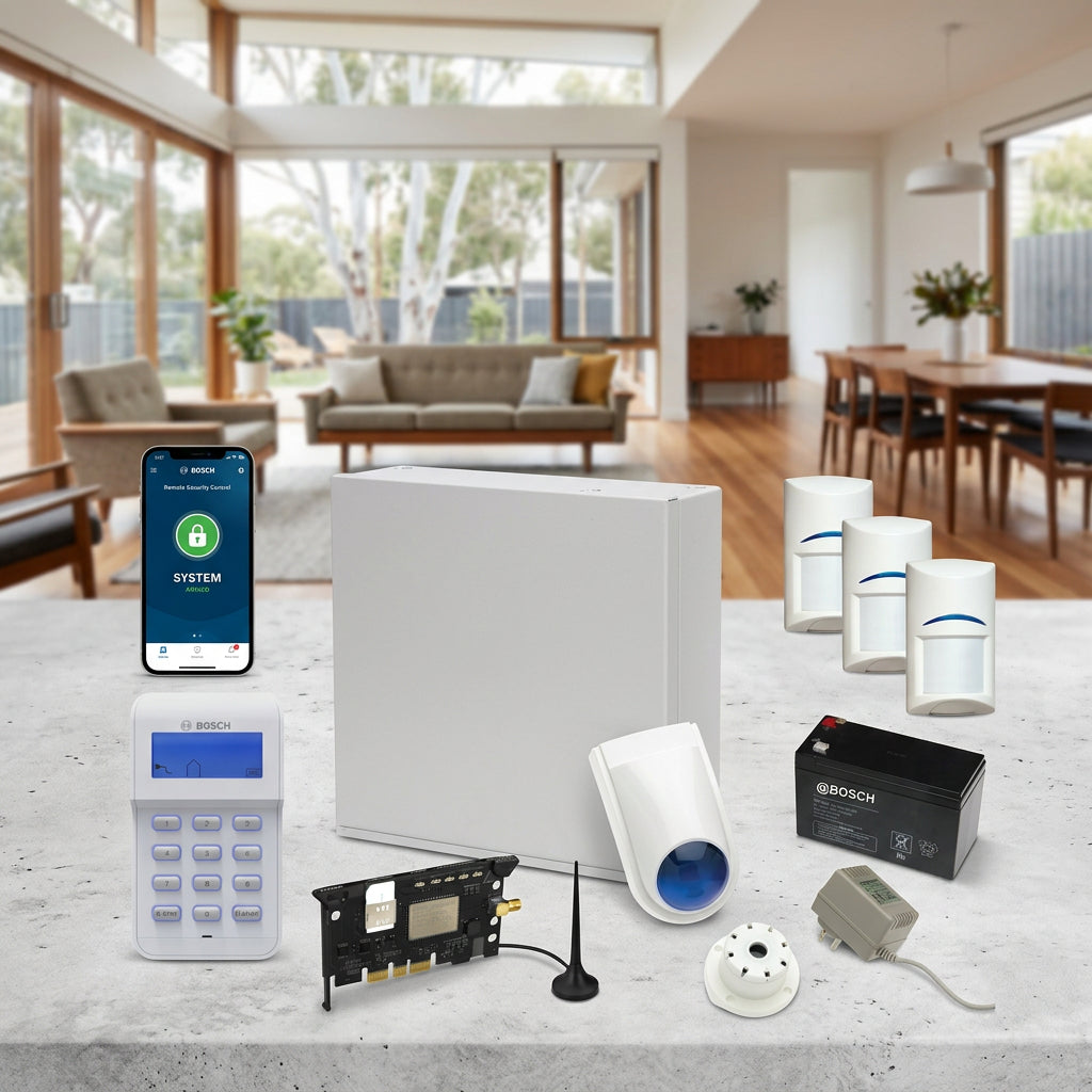 Bosch security system kit including a white control panel, smartphone app display, white alarm main box, three white motion detectors, a white outdoor dome camera, a black Bosch battery, a gray junction box, a black antenna card, and a white round receiver, all on a white background.