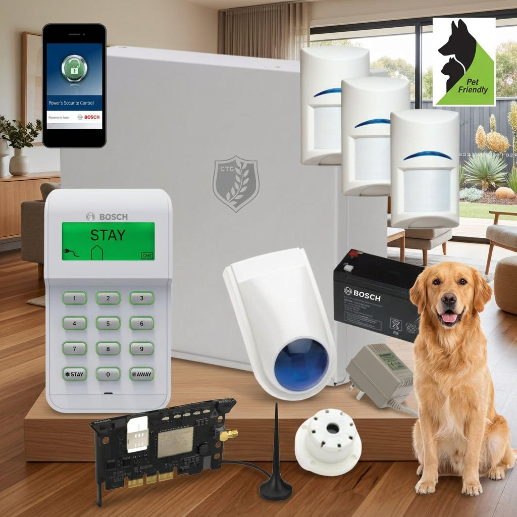 Bosch pet security alarm kit with keypad, smart phone app control, motion detectors, outdoor sensor, battery, horn, and camera components arranged on a white background.