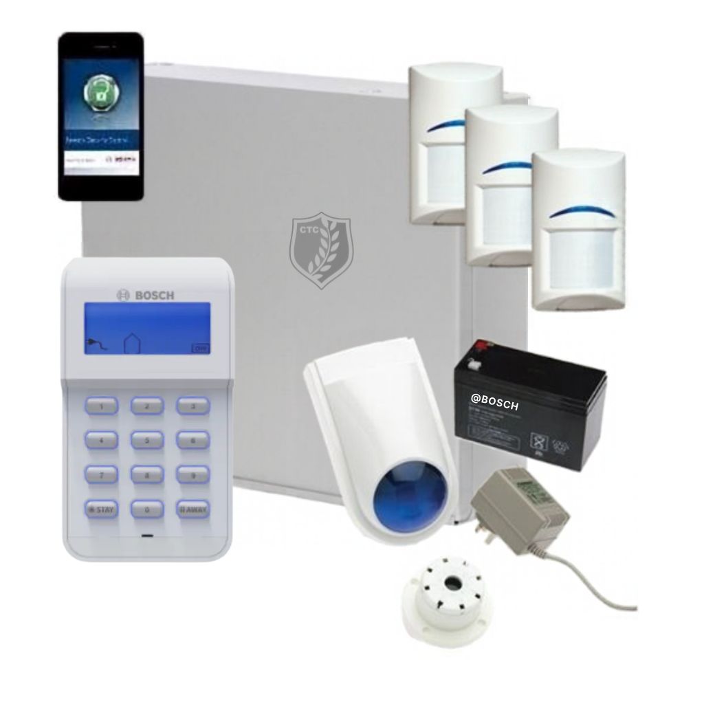 Bosch security alarm kit with a white control panel, main alarm box, smart phone app display, three white motion detectors, a white dome camera, a black Bosch battery, and an adapter on a white background.